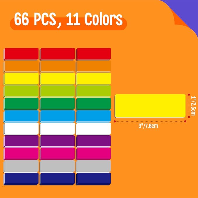 66 PCS Magnetic Name Tag Labels, 11 Colors Dry Erase Reusable Name Stickers for Whiteboards Locker Fridge School Office Home (Each Measures 1" x 3")