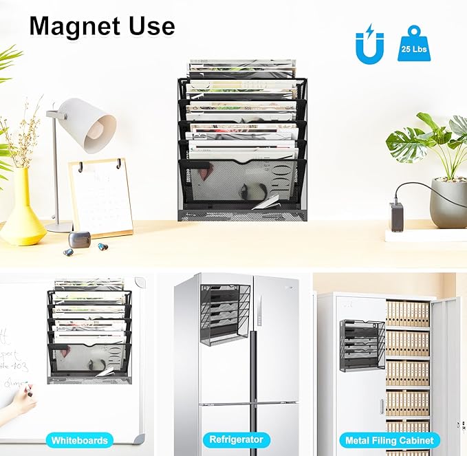 6 Tier Magnetic File Holder, Large Capacity Mesh Hanging Wall Organizer Vertical Magnetic Hanging File Organizer, Magnetic File Folder Holder for File Cabinets, Office, Whiteboard (Black)