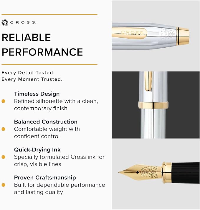 Cross Century II Refillable Fountain Pen, Fine Nib, Includes Premium Gift Box - Medalist Chrome