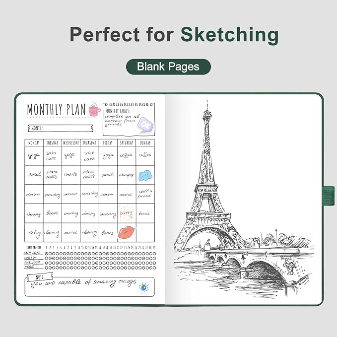 AHGXG Blank Journal Notebook, 160 Pages, A5 Medium Size (5.7'' x 8.3''), 120 GSM Thick Paper, Leather Hardcover, for Sketching, Drawing, Painting (Dark Green)