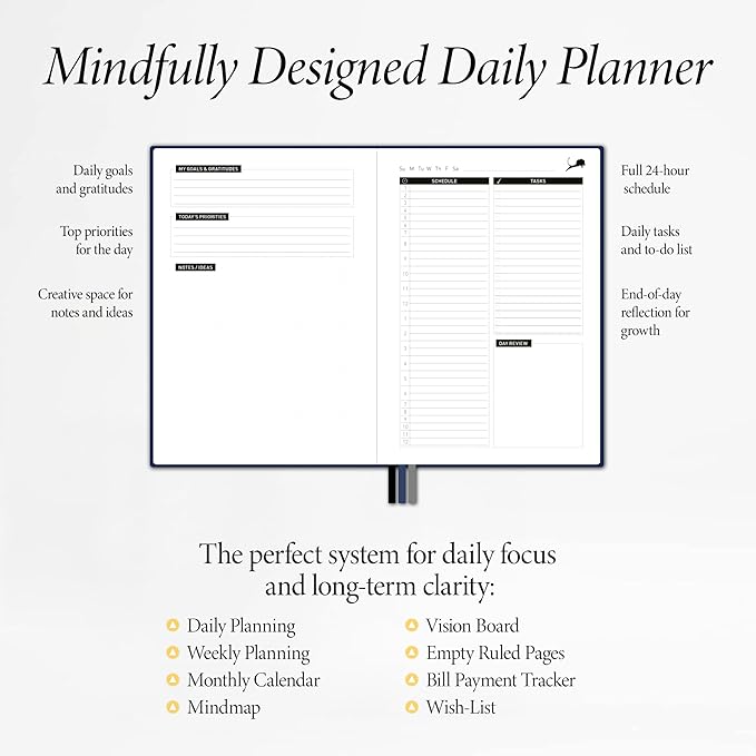 Undated Day Planner & Calendar – 6-Month Life Organizer for Productivity, Time-Management & Focus | 24-Hour Hourly Agenda for Men & Women, Faux Leather Hardcover (Blue)