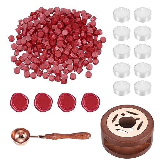 PATIKIL Wax Seal Kit, 300 Pcs Wax Sealing Beads, Wooden Warmer, Melted Spoon, 10 Pcs Tealight Candles for Envelope Letter Mailing Crafts DIY, Pearl Red