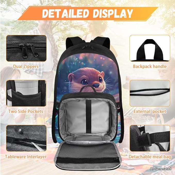 Doojoayie Girls Backpack with Lunch Box Cute Otter Bookbag for School Kindergarten Backpack for Girls Best Back to School Bags as Gifts Heavy Duty Back Pack for Preschool Kids