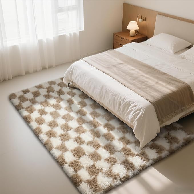Checkered Rug for Living Room, 8x10 Beige and White Area Rugs, Classic Checkered Carpets Shag Area Rug, Bedside Rugs for Living Room Bedroom Room Home Decor