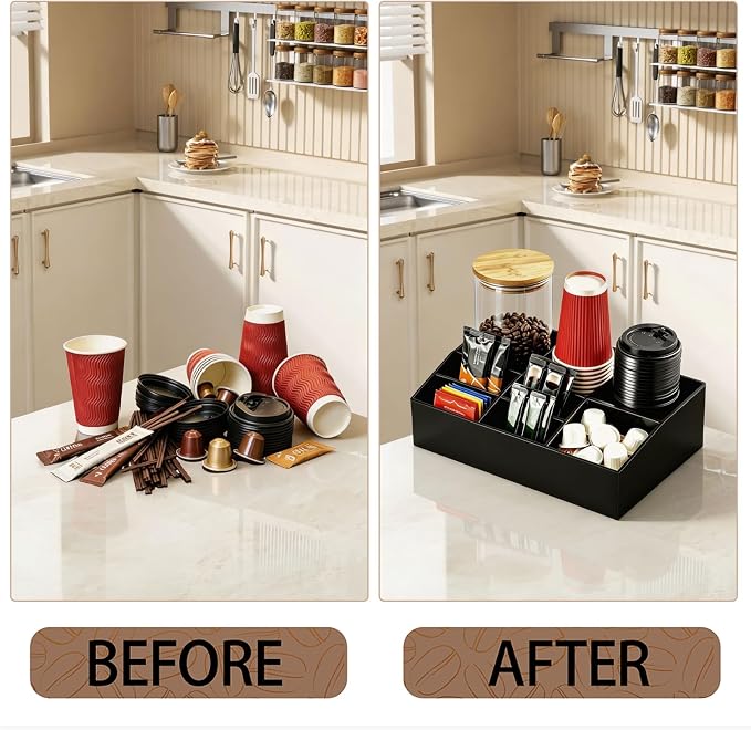 Coffee Bar Accessories, Acrylic Coffee Station Organizer Storage Box | Black Coffee Station Accessories with Removable Dividers for Pod Condiment Syrup Cup Stirrer Tea Bag, Farmhouse Table Decor