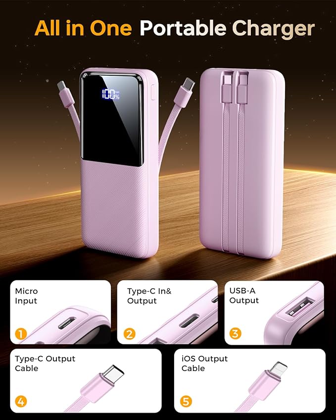 CFIAI Portable Charger Power Bank, 50% Larger Capacity 15000mAh Battery Pack with Built in Cable, 22.5W Fast Charging Travel Camping Essential for iPhone 17 16 Pro iPad Samsung S26 Google, Lavender