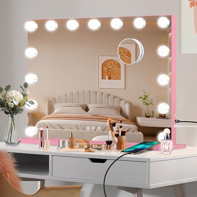 Moonee Vanity Mirror with Lights, Pink Hollywood Lighted Makeup Mirror with 15 Dimmable Bulbs and 10X Magnification, 3 Colors Modes, Aluminum Metal Frame, Light Up Mirror for Tabletop/Wall（23" x 18"）
