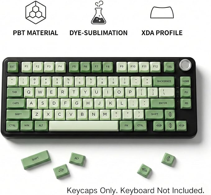 123 Keys PBT Dye Sublimation Keycaps, Matcha Green Cute Plant Theme Keycap Set, XDA Profile Custom Keycaps for Mechanical Keyboard 60% 65% 75% 100% Cherry MX Switches