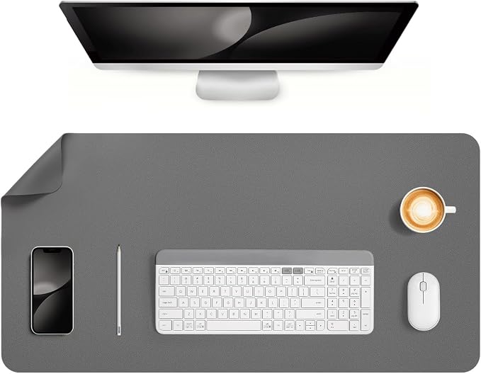 Dual Sided Desk Pad Faux Leather Desk Mat Large Mouse Pad | Desk Pad Protector Non-Slip Waterproof Desk Mouse Pad for Writing Desk, Office, Home(Gray 31.5"X15.7")