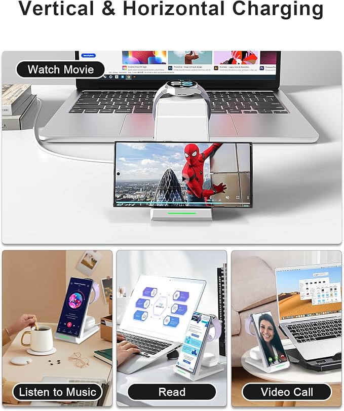 Wireless Charger for Samsung Charging Station, ADADPU 3 in 1 Charger Stand for Multiple Devices Fast Dock for Galaxy S25 S24 S23 Ultra S22 S21 Z Flip Fold 5, Samsung Watch 7/6/5/4/3/Pro, Galaxy Buds