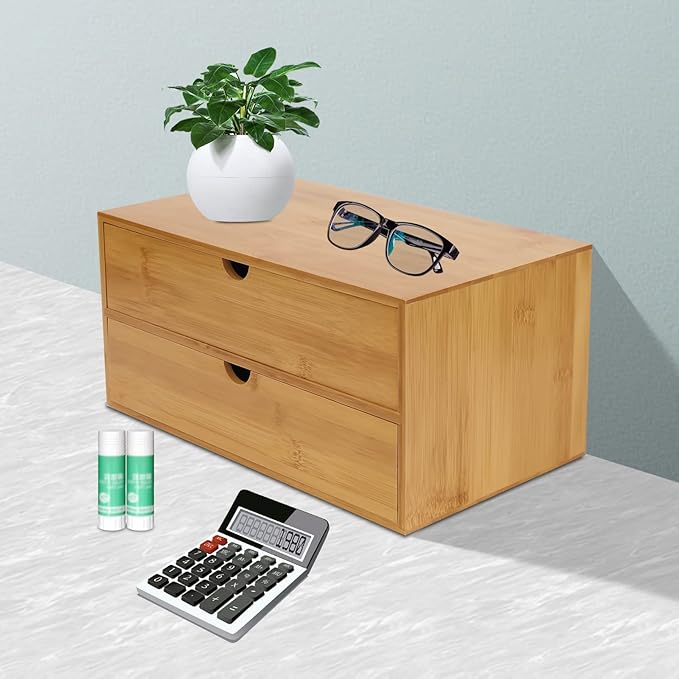 Bamboo Desk Organizer with 2 Drawers, Natural Wood Tabletop Storage Box | No-Assembly Countertop Drawer for Office Home Makeup Jewelry Stationery