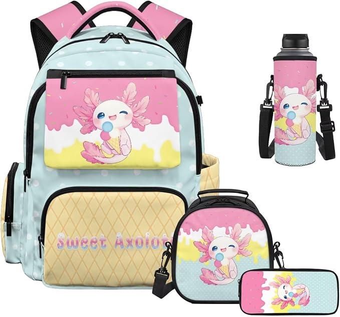 WELLFLYHOM Axolotl Ice Cream Kids Book Bags for Girls 10 Years Old Girls School Backpack 8-12 Elementary Junior Dayback Insulated Lunch Box Pencil Case Water Bottle Holder