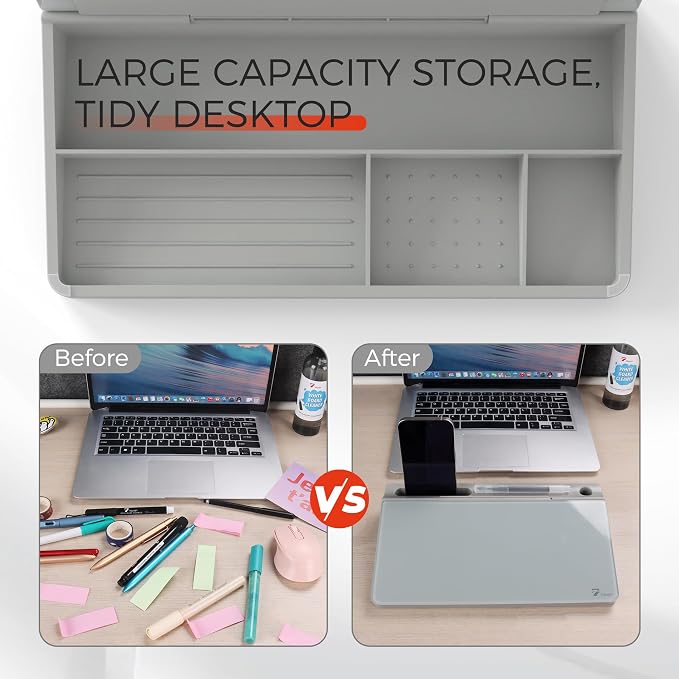 TOWON Small Compact Glass Desktop Whiteboard with Storage – 12 x 7 in Dry Erase Board for Desk, Home Office, School | Includes 5 Markers, Eraser & Holder | Space-Saving Organizer, Stone Gray