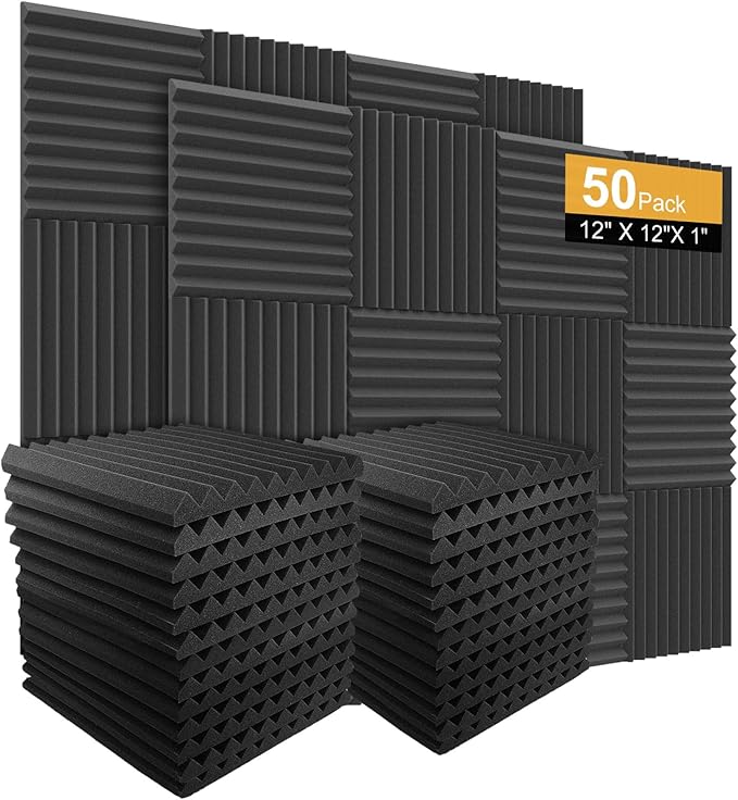 Burdurry 50 Pack Acoustic Panels Soundproof Studio Foam for Walls Sound Absorbing Panels Sound Insulation Wedge for Studio, 1" X 12" X 12" (Black)