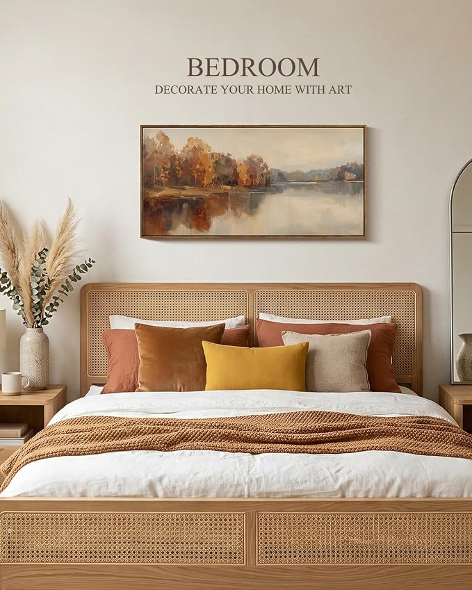 InSimSea Extra Large Framed Vintage Fall Wall Art, Living Room Country Farmhouse Decor, Autumn Lake Landscape Canvas Prints, Retro Scenery Long Pictures for Bedroom Above of Bed, 20x40inch