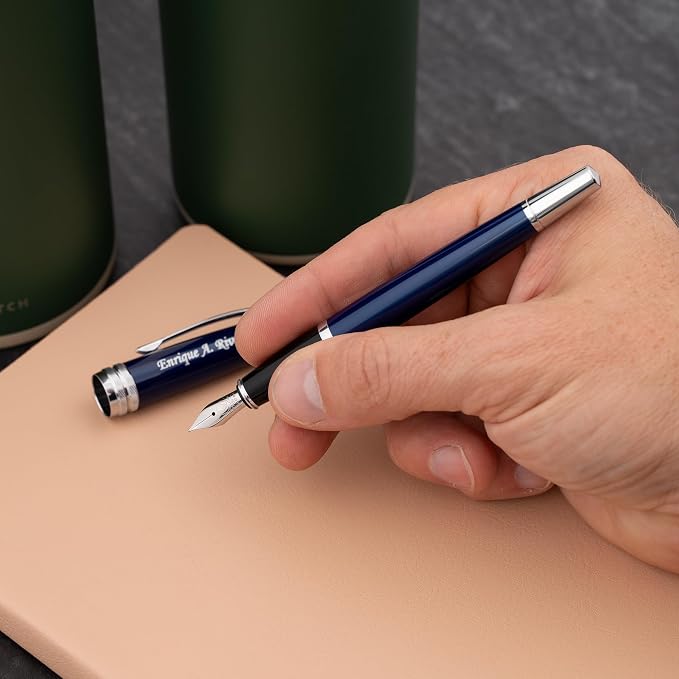 Cross Bailey Engraved Fountain Pen, Blue Lacquer with Chrome Trim, Medium Nib, Proprietary Cartridge, Personalized Gift for Graduation, Career Advancement, Writers, Gift Box Included