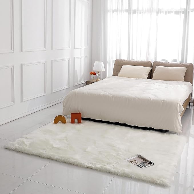 linmopm Faux Fur Sheepskin Rug, White, 5x7 ft | Shag Fluffy Fuzzy, High-Density Cushion, Rectangle, For Bedroom Bedside Living Room, Plush Sofa Cover