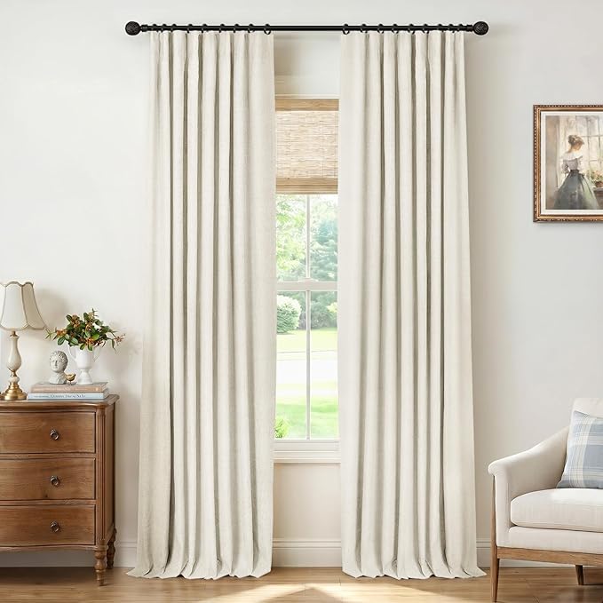 INOVADAY 100% Blackout Curtains for Bedroom, Beige White Black Out Curtains 96 Inch Long, Clip Rings Linen Blackout Drapes, Thermal Insulated Room Darkening for Living Room, 2 Panels - W50xL96