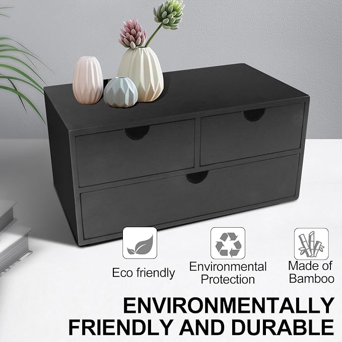 Charmewooden desk organizer with drawers countertop drawer organizer Tabletop Storage Organization Box Home Office Workspace Bathroom Toiletries Supplies (black)