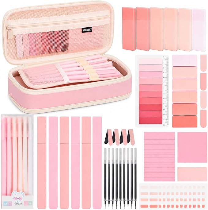 47Pcs Aesthetic School Supplies with Pencil Pouch - Cute College Essentials Set, Big Capacity Pen Case, Pastel Highlighters, Bible Study Journaling Stationary Kit (Pink)