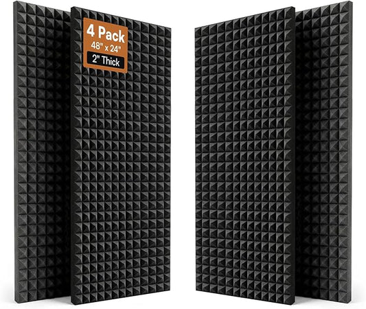 SODOCT 4 Pack Large Pyramid Acoustic Foam Panels, 48 x 24 x 2 Inches High Density Sound Proof Foam for Walls, Professional Sound Absorbing Studio Panels for Home Theater, Recording (Black)