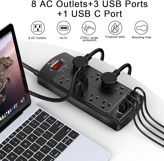 Surge Protector Power Strip - Nuetsa Flat Plug Extension Cord with 8 Outlets and 4 USB Ports, 6 Feet Power Cord, 2700 Joules, ETL Listed, Black