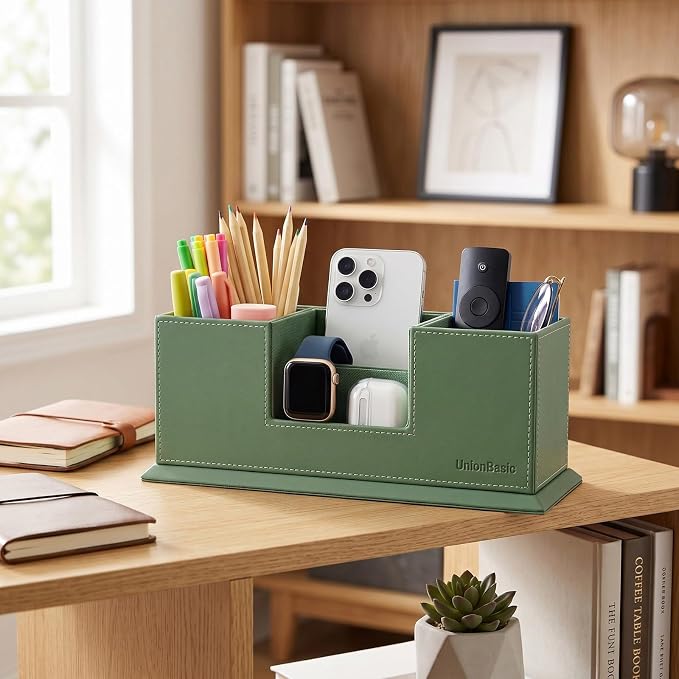 UnionBasic Desk Organizer, Desktop Caddy Leather Multi-compartment Pen Holder Office Stationer Organizer, Malachite Green