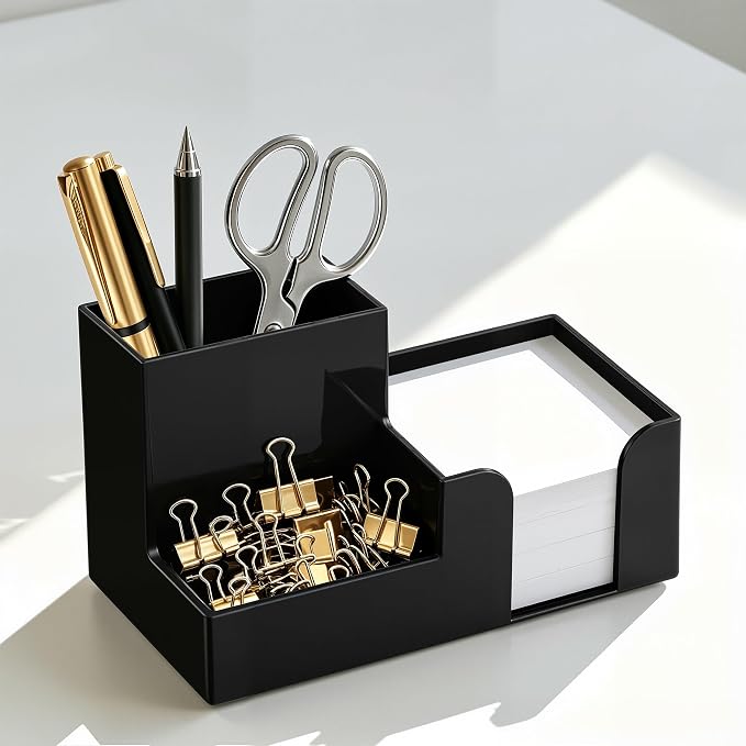 HBlife Acrylic Pen Holder for Desk, 3-Compartment Small Desk Organizer, Black Office Supplies Desk Accessories with Sticky Notes Holder Stores Post It Notes 3X3 for Office, Home and School