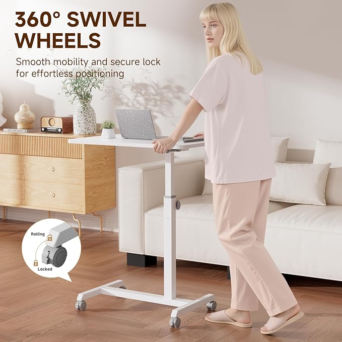 GTPLAYER Small Standing Desk, 24 Inches Mobile Foldable Rolling Laptop PC Table with Lockable Casters, Adjustable Height Overbed Bedside Table Computer Workstation for Home Office, White