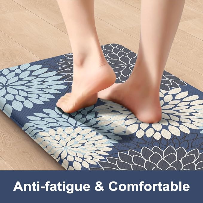 KIMODE Anti Fatigue Kitchen Mats 2PCS Kitchen Mat for Floor Cushioned | Dahlia Boho, Kitchen Rugs Non Slip Rubber Backing Farmhouse Waterproof Standing Mat for Kitchen Sink Desk Mutil-Blue
