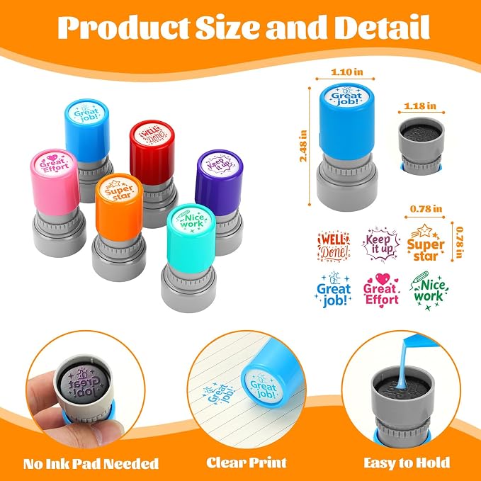 Teacher Stamps for Classroom Self Inking Rubber Great Job Stamp for Grading Homework Test Motivation Students Behavior School Homeschool Reward Supplies, Kindergarten Teacher Must Haves (6Pcs)