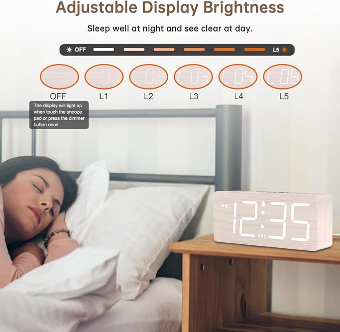 DreamSky Wooden Digital Alarm Clock for Bedroom with Large Numbers | Desk Clock for Living Room Office, Loud Alarm for Heavy Sleepers Adults, Volume Control, Dimmer, DST, Wood Decor (Plug-in)