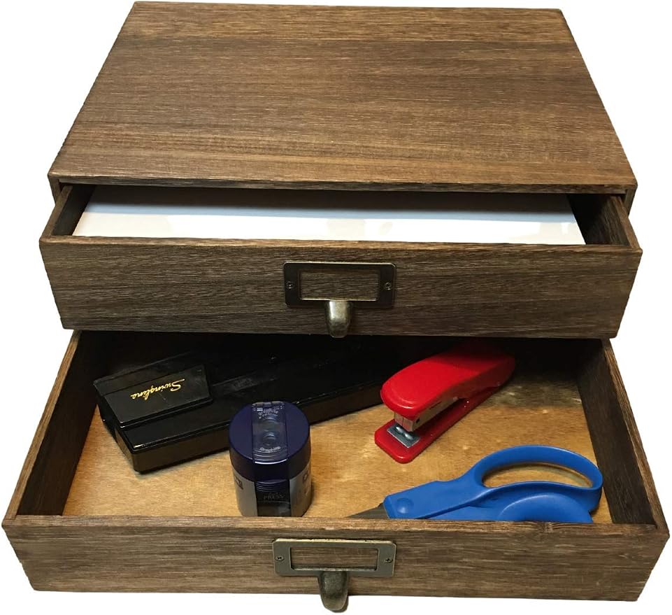 Wallniture Home Office Desk Organizer - Wooden 2 Drawer Under Monitor Stand - Printer Platform - Paper Holder Walnut