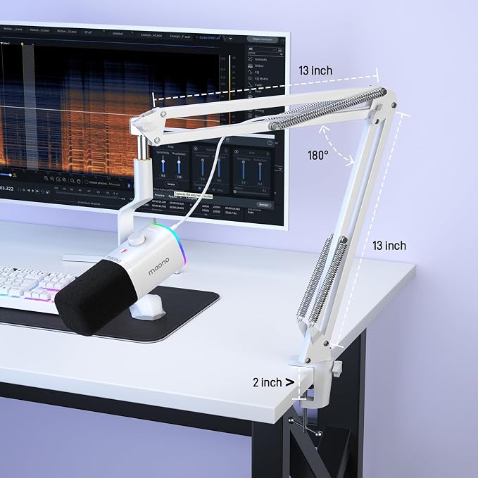 MAONO XLR/USB Gaming Microphone for PC, Dynamic Computer Mic for Streaming Podcasting, Noise Reduction, Mute, Volume Control, RGB Boom Mic for Vocal Recording,Voice-Over, PD100XS White