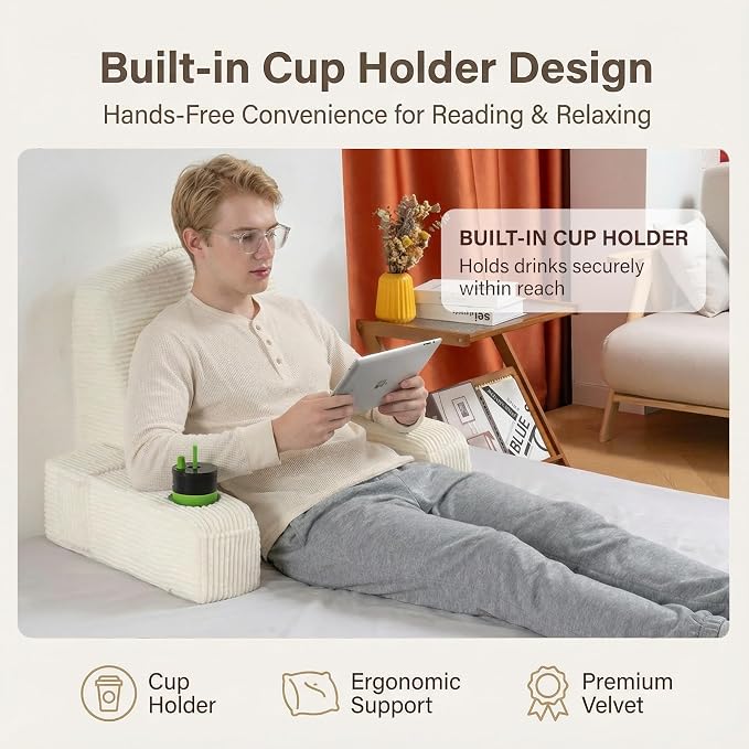 Reading Pillow for Adults, Back Pillow for Bed Sitting Up, Backrest Pillow for Sitting in Bed, Detachable Arms with Built-in Cup & Phone Caddy (Beige-Corduroy, 21 INCH)