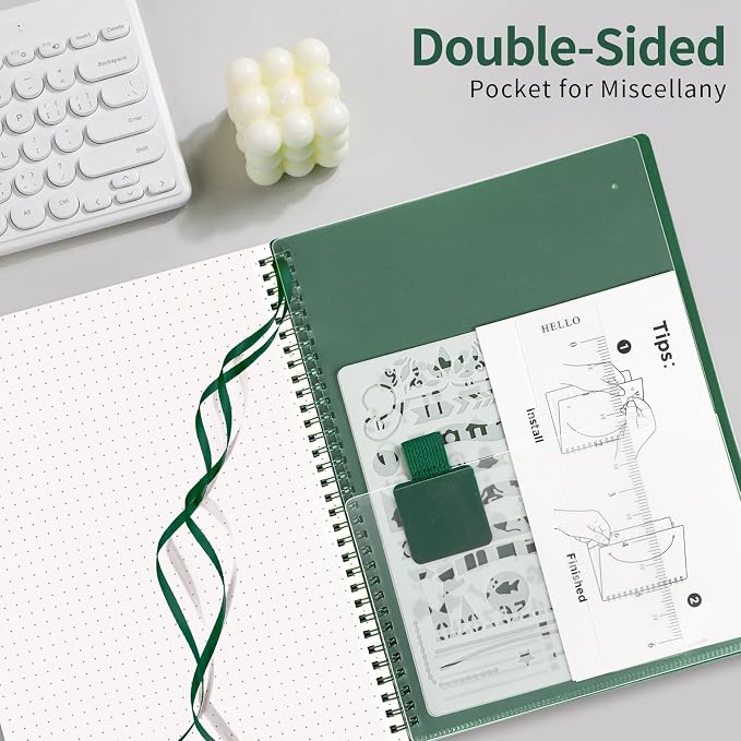 AHGXG Dotted Journal - Dot Grid Spiral Notebook 8.5" x 11", A4 Large Dotted Notebook, 100 GSM Thick Paper, Waterproof Plastic Cover Journals for Journaling, Sketching, Dark Green