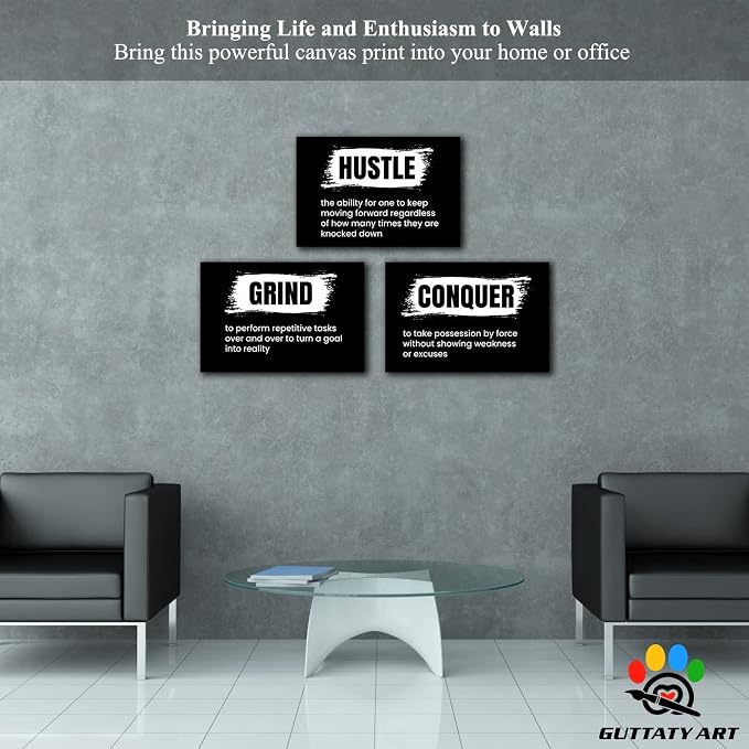 Office Wall Art - 3 Panel Motivational Wall Art, Inspirational Quotes Canvas Art for Home Office Wall Decor, Positive Quotes Wall Decor, Entrepreneur Grind Hustle Execution Poster Frame (16”x24”x3Pcs)