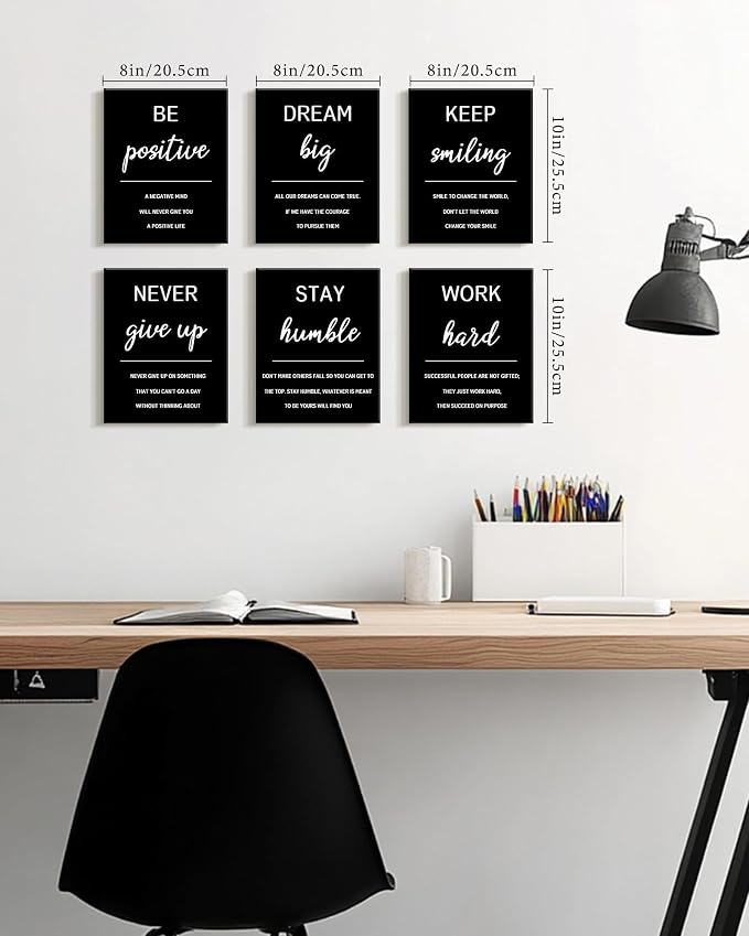 KUVIOKE Inspirational Framed Wall Art Motivational Quotes Wall Decor Encouraging Office Posters Positive Affirmations Sayings for Classroom Bedroom Living Room Ready to Hang Set of 6, 8x10in (Framed)