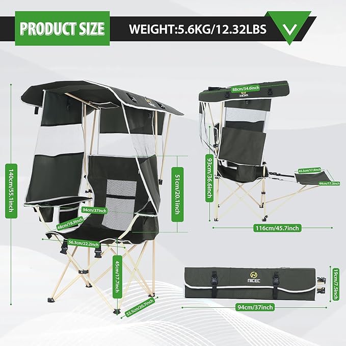 Nice C Chair with Canopy, Umbrella Chairs for Adults, Sports Chair with Shades, with Removable Footrest, Cooler Bag, Cup Holder for Camping, Fishing, Sports, Soccer, Beach (1Pack Green)