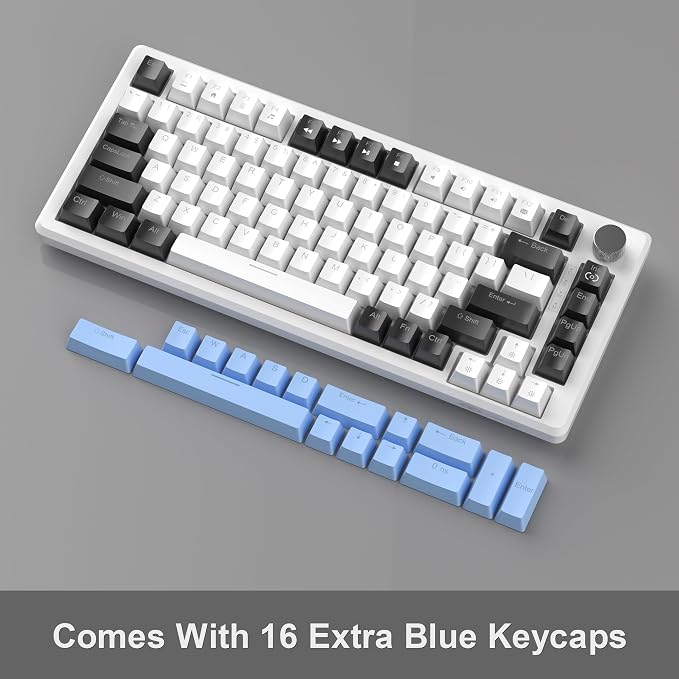 MageGee 75% Mechanical Gaming Keyboard, Compact Blue Backlit Wired Gaming Keyboards with Brown Switches, EVA Foam, Knob Control, STAR75 Portable NKRO PC Gaming Keyboard - White & Blue