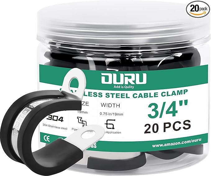 OURU 20pcs 3/4 Inch Stainless Steel Cable Clamps,Rubber Coated Cushioned Insulated Cable Clamp,Automotive Cable Wire Clamps,Pipe Clamps,Metal Clamp for Tube,Lines,Wire Cord Installation(Black,19mm) | 304 Stainless Steel, Anti-Vibration, Rust Resistant,...