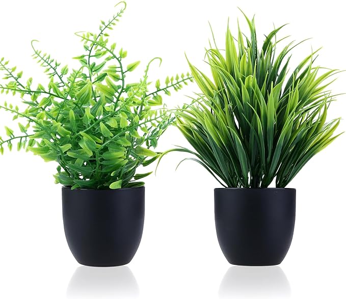 GREENTIME 2 Pack Fake Plants in Black Pot Small Artificial Plant Wheat Grass for Home Decor Faux Fern Greenery Indoor Bathroom Shelf Home Office Desk Bedroom Cabinet Kitchen Table Decorations