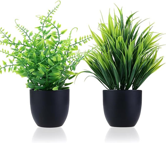 GREENTIME 2 Pack Fake Plants in Black Pot Small Artificial Plant Wheat Grass for Home Decor Faux Fern Greenery Indoor Bathroom Shelf Home Office Desk Bedroom Cabinet Kitchen Table Decorations