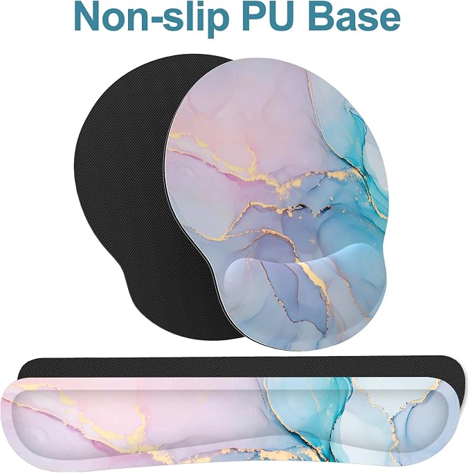 Ergonomic Mouse Pad with Wrist Rest and Keyboard Wrist Rest, Mousepad and Wrist Rest for Computer Keyboard, Non-Slip Rubber Base, Mouse Pad with Wrist Support for Gaming, Office, Pink Blue Marble