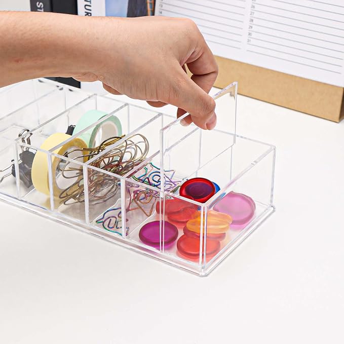 NatSumeBasics Clear Drawer Organizer 8-Section Desk Compartment Acrylic Tray Holder for Storage Cards Notepads and Office Accessories Supplies (Medium)