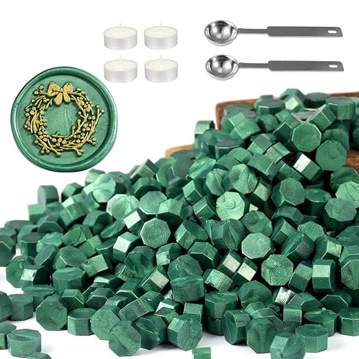 Yoption 360Pcs Metallic Green Sealing Wax Beads, Hexagon Wax Seal Beads with 4Pcs Tea Candles and 2 Melting Spoons for Wedding Invitations, Wine Packaging, Gift Wrap, Envelopes