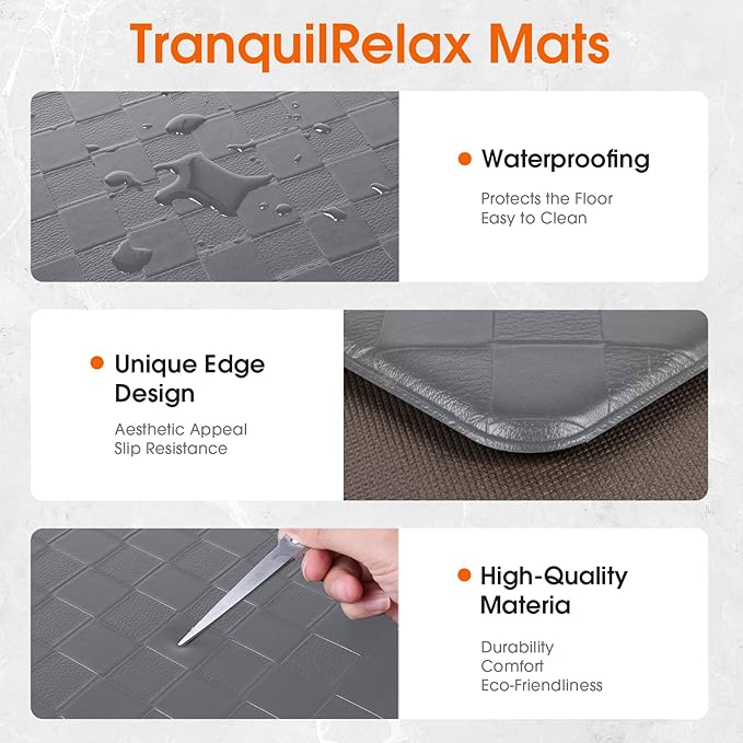 TranquilRelax Kitchen Mats, 2PCS Kitchen Rugs, Cushioned Anti Fatigue Kitchen Mats for Floor, Non-Slip Standing Sink Mat, Waterproof Kitchen Rug Set for Kitchen Floor Office,17.3"×30"+17.3"×47" Grey