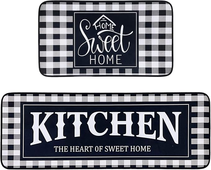 Voanos Kitchen Rugs,Non Skid Washable Microfiber mats for Kitchen Floor, Black and White Buffalo Plaid Kitchen Cushioned Runner Rug Decor Sets of 2,Size 17"x 47"+17"x 30"