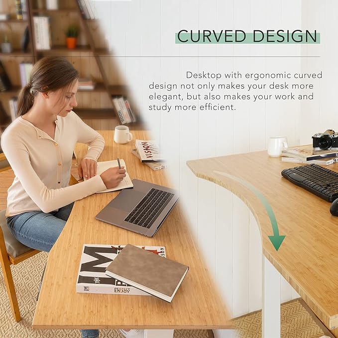 FLEXISPOT E6 Pro Oval Leg Dual Motor 3 Stages Bamboo Electric Standing Desk 60x30 Inch Whole-Piece Board Height Adjustable Electric Sit Stand Up Desk (Black Frame + Bamboo Curved Desktop)