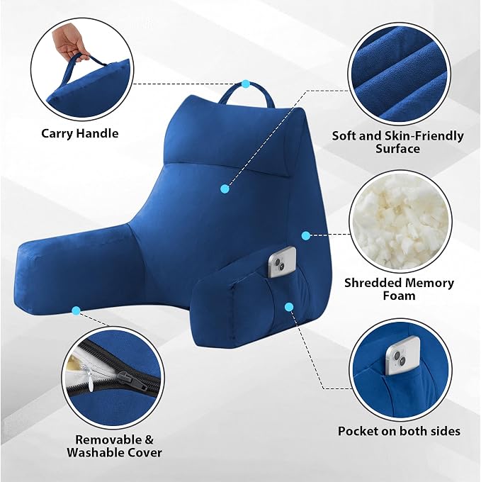 IPYNBAP Reading Pillow with Arms for Adults, Back Pillow for Bed Sitting Up, Shredded Memory Foam Backrest Pillow with Pockets & Removable Washable Cover, Lounging, Watching TV, Reading(20inch Navy)